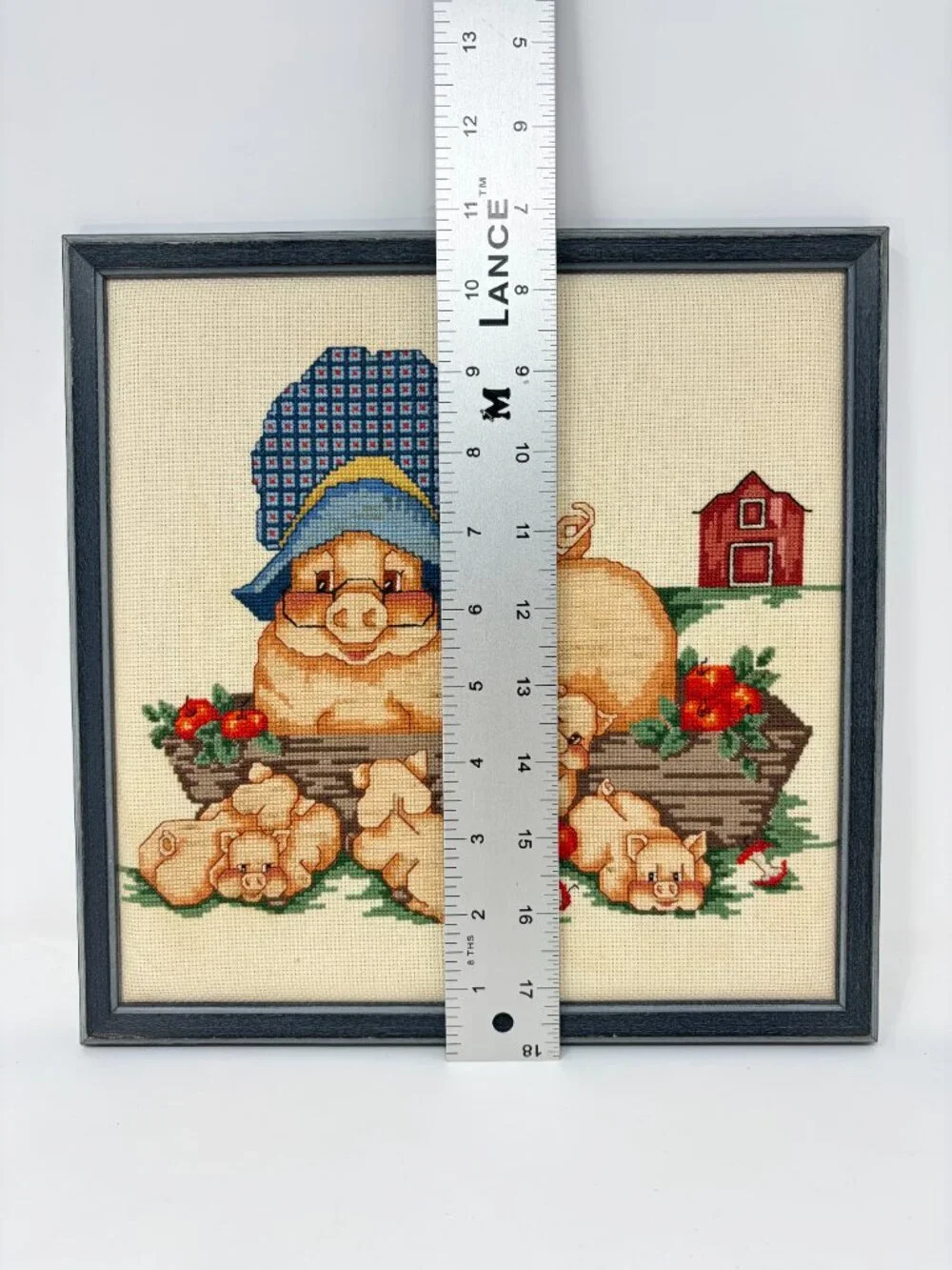VTG Handmade Framed Cross Stitch Momma Pig & Piglets, 